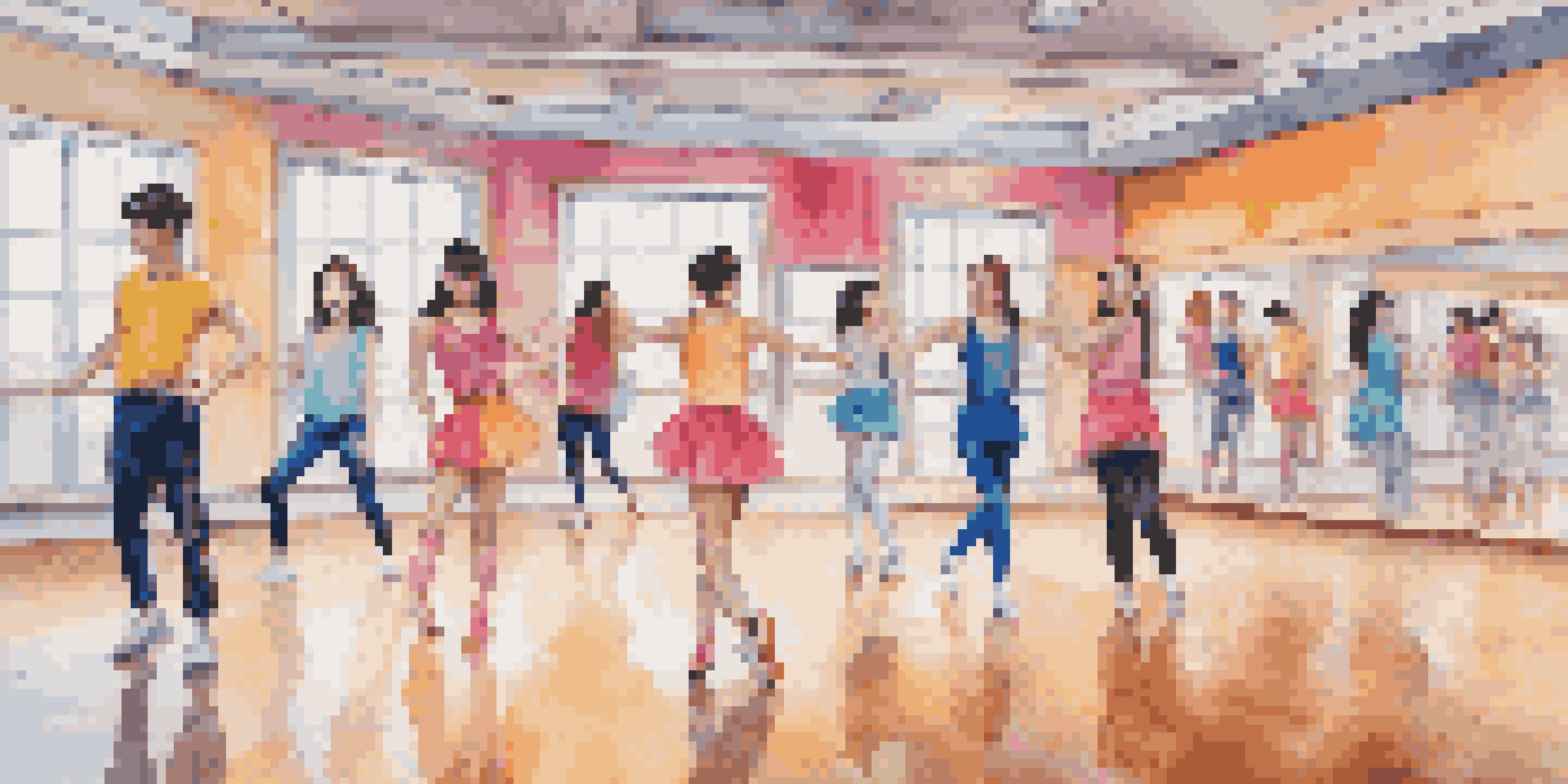 A colorful dance studio with diverse young dancers practicing K-Pop choreography, reflecting their movements in large mirrors.