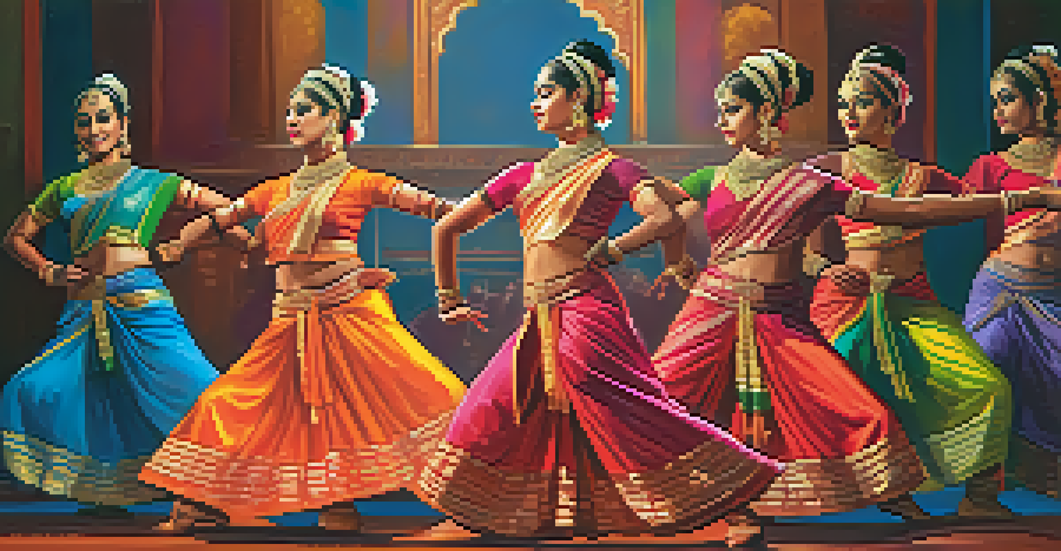 A lively Bharatanatyam performance combining traditional and modern dance styles on a colorful stage.