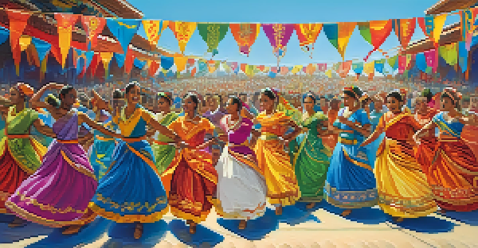 A colorful dance festival with diverse dancers performing on stage, surrounded by an enthusiastic audience and festive decorations.