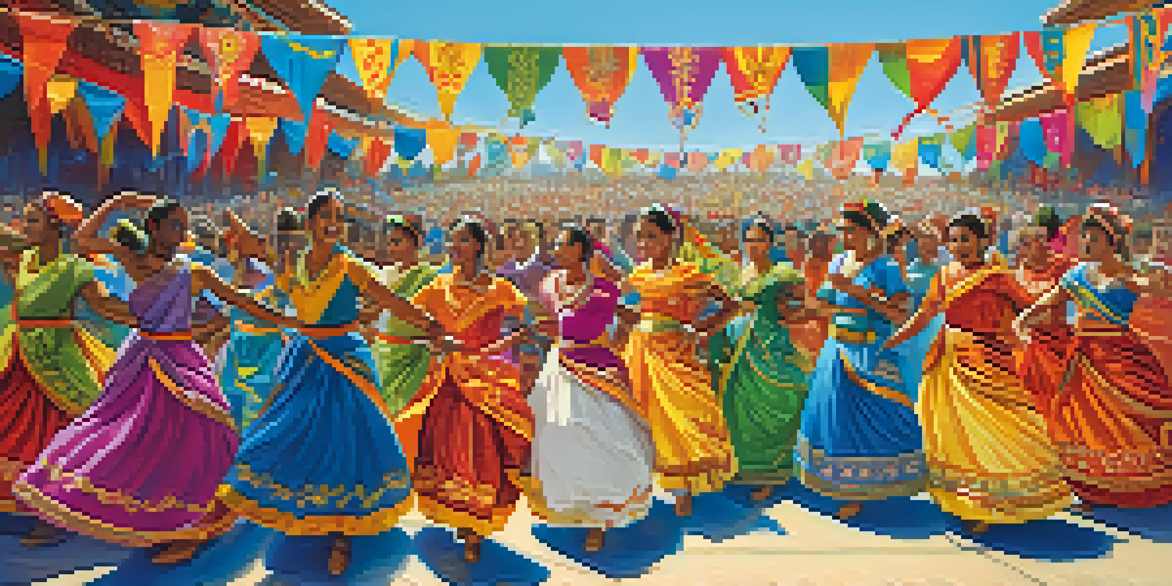 A colorful dance festival with diverse dancers performing on stage, surrounded by an enthusiastic audience and festive decorations.