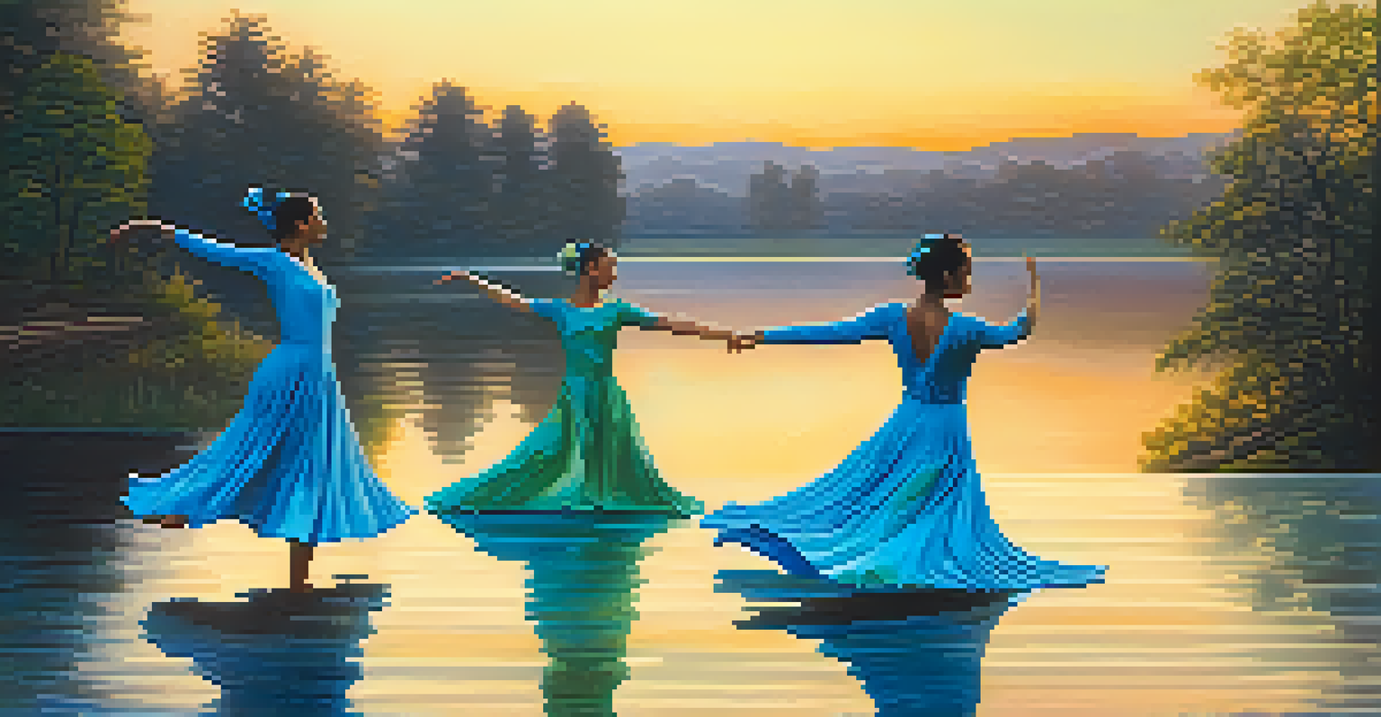 Dancers performing by a serene lake, mimicking water movements with shimmering blue and green costumes during sunset.
