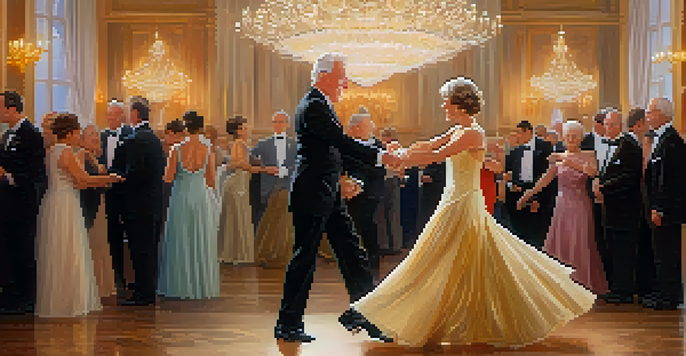 An older adult couple dancing gracefully in a ballroom with elegant decorations and soft golden lighting.