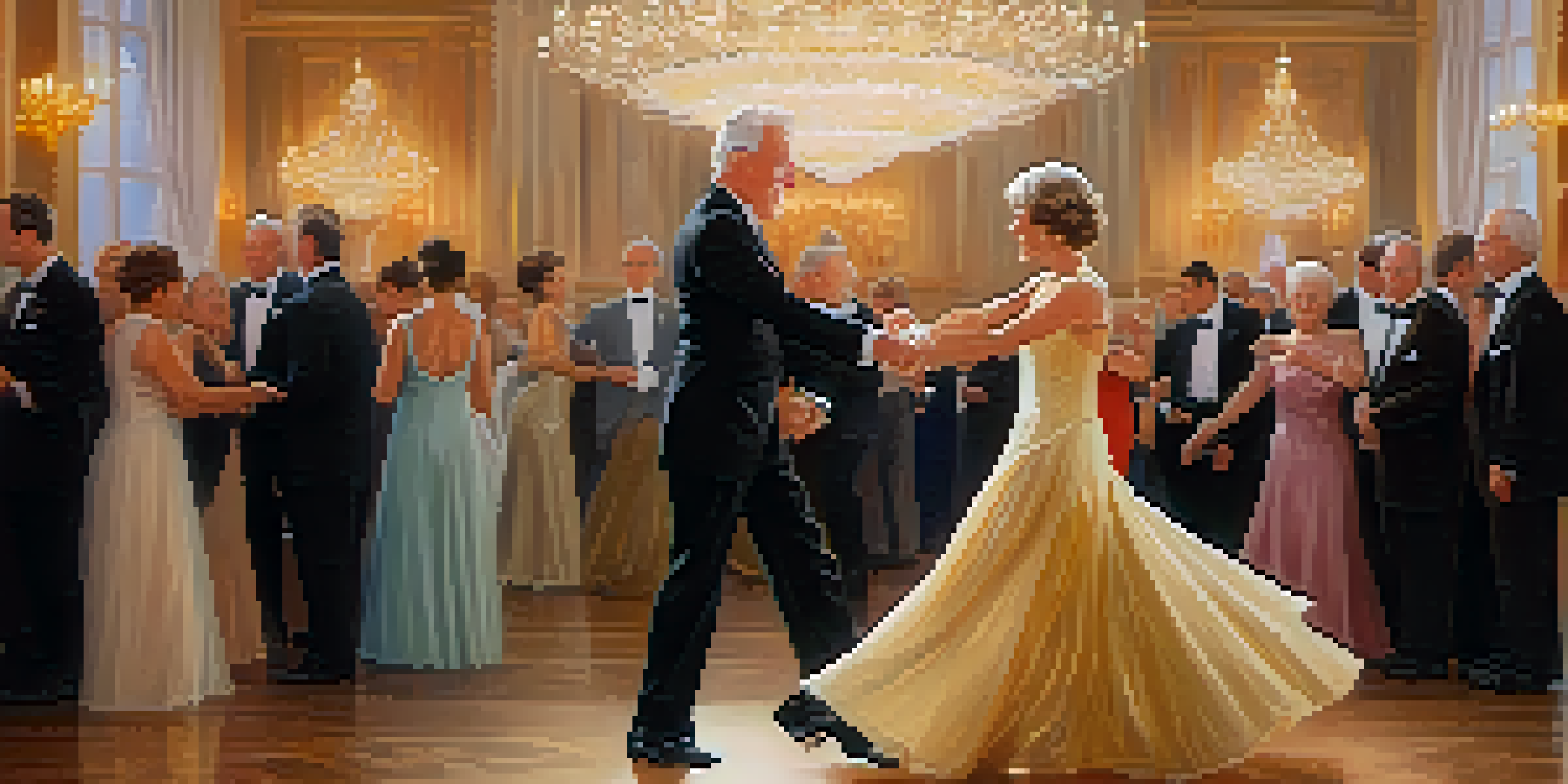 An older adult couple dancing gracefully in a ballroom with elegant decorations and soft golden lighting.