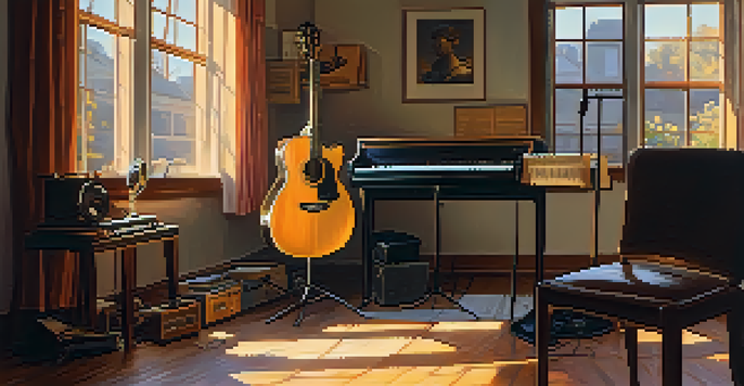 A warm and inviting rehearsal space with various musical instruments, illuminated by soft light, showcasing the importance of practice.