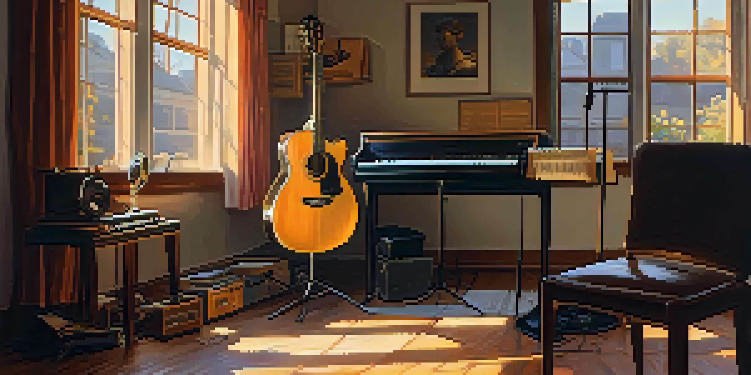 A warm and inviting rehearsal space with various musical instruments, illuminated by soft light, showcasing the importance of practice.