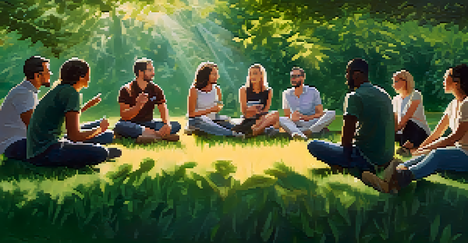 A group of colleagues sitting in a circle outdoors, sharing feedback in a supportive environment surrounded by nature.