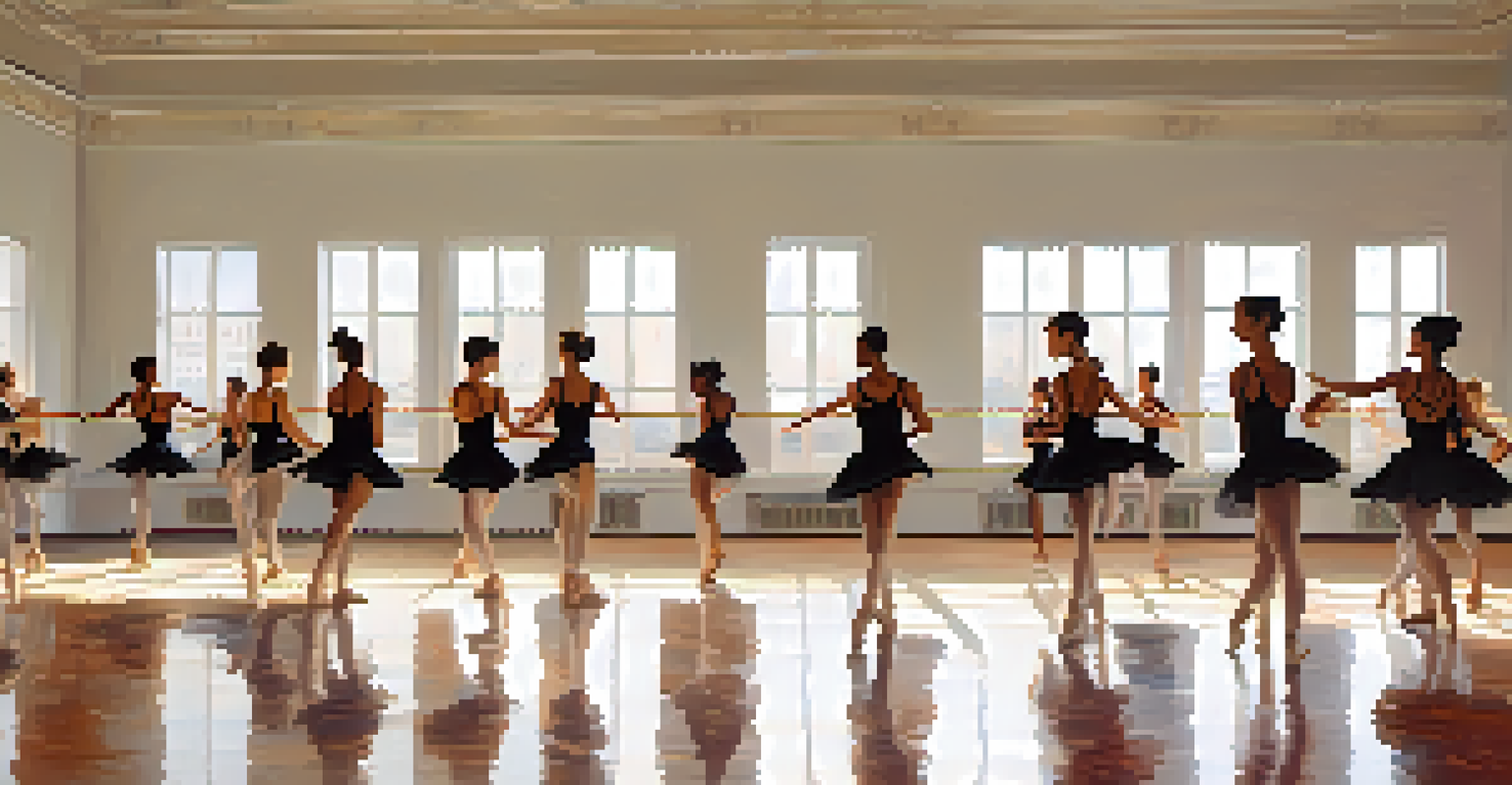 A diverse group of dancers rehearsing in a bright studio, reflecting different styles and techniques in a collaborative environment.