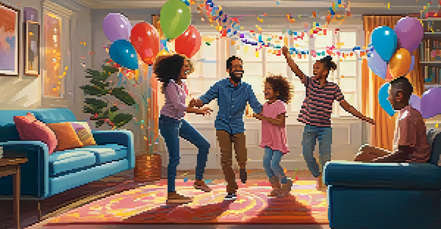 A family having fun dancing together in a decorated living room with balloons and laughter, showcasing joy and togetherness.