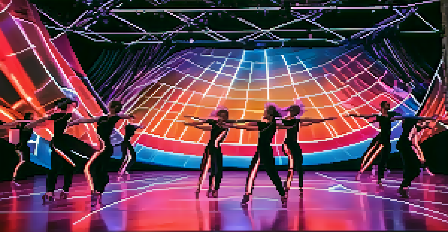 A modern dance performance with dancers illuminated by colorful LED lights and interactive digital installations.