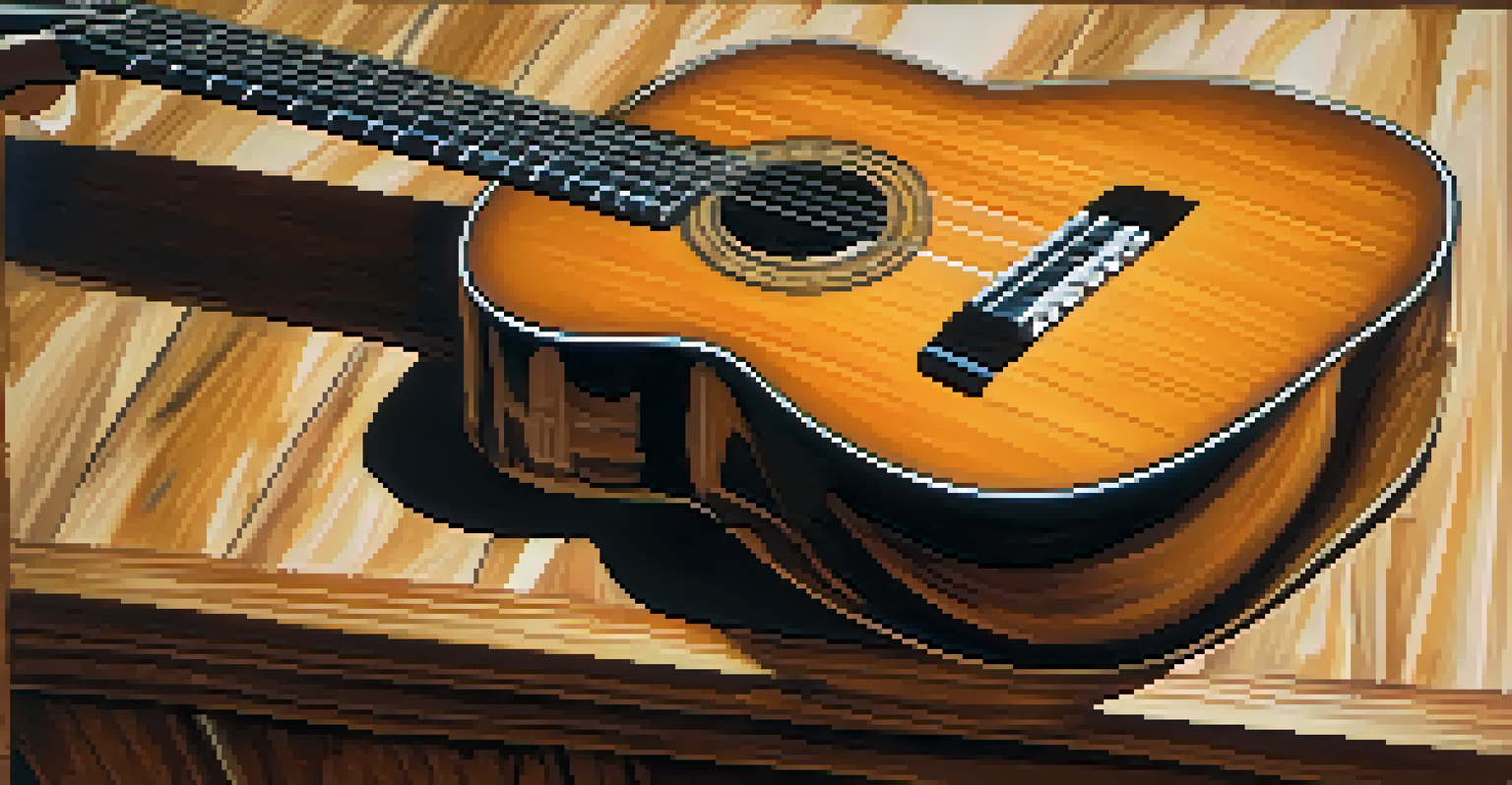 A close-up view of a flamenco guitar resting on a wooden table with soft lighting.