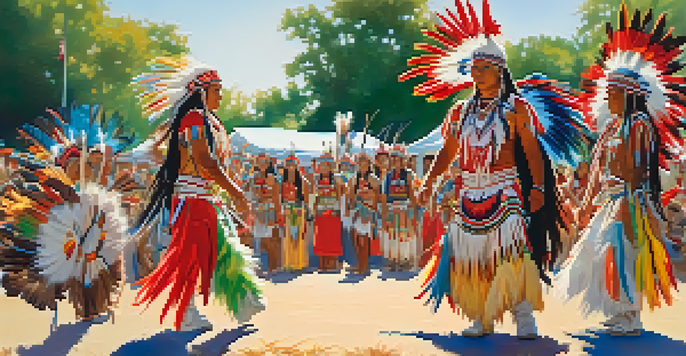 A lively Native American powwow with dancers in colorful traditional attire, performing against a sunny outdoor backdrop with spectators.