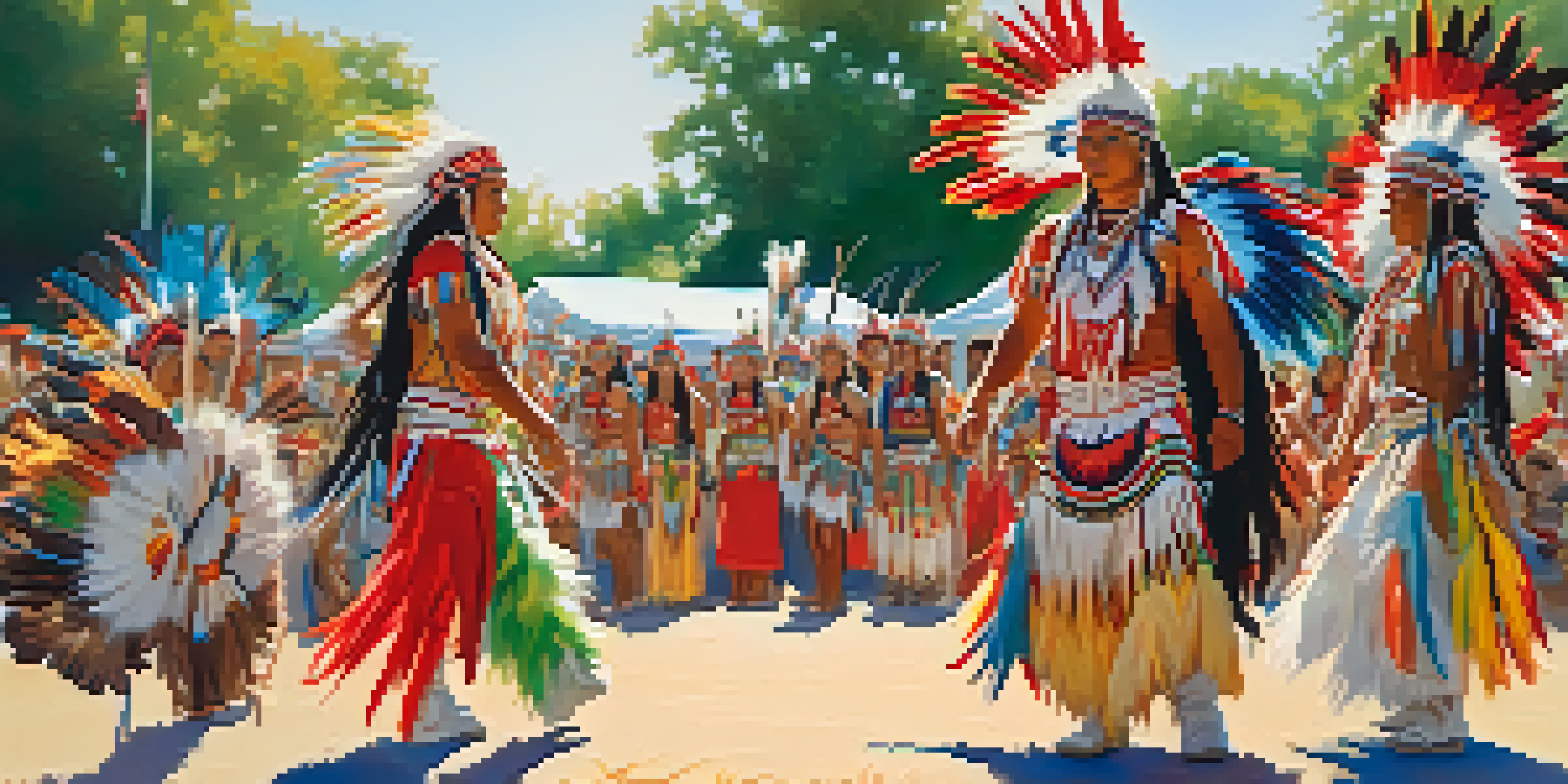 A lively Native American powwow with dancers in colorful traditional attire, performing against a sunny outdoor backdrop with spectators.