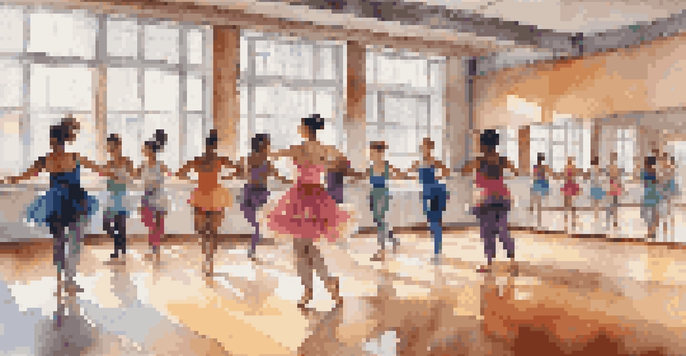 A lively dance studio with diverse dancers practicing together in colorful dancewear under bright natural light.