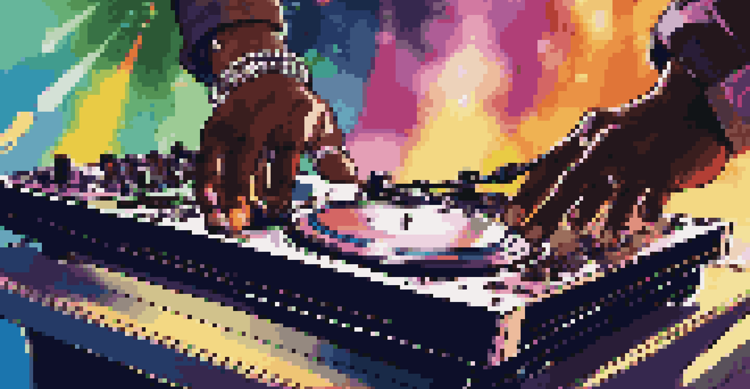 A DJ mixing music at an Afrobeats party, with hands on turntables and vibrant lights illuminating a cheering audience.