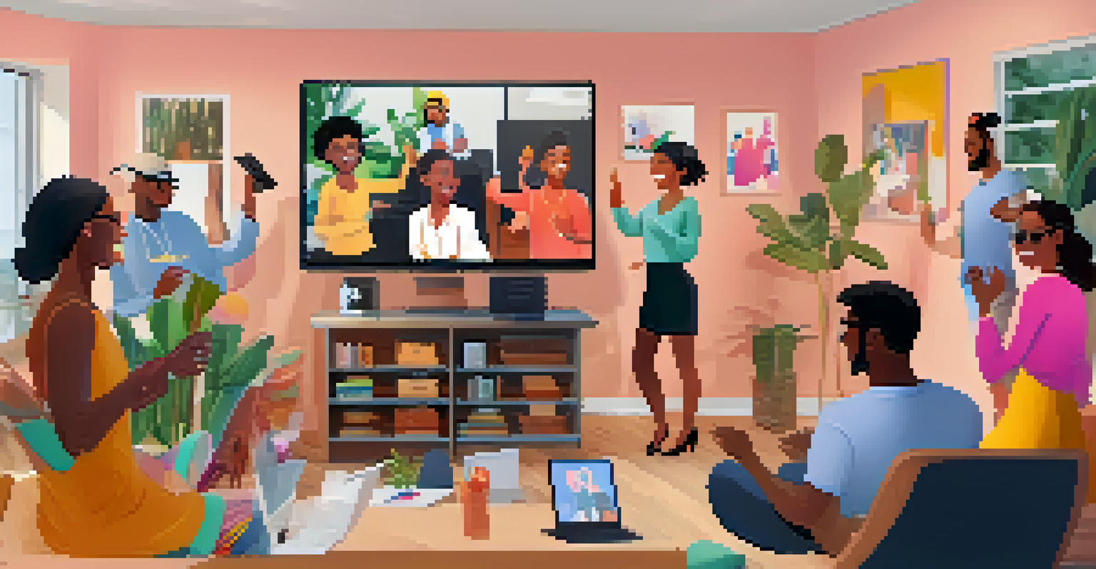 Employees on a video call engaging in a dance break, smiling and having fun in their home office setups with colorful virtual backgrounds.