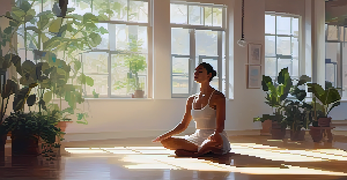 A dancer practicing mindfulness in a sunlit dance studio, sitting cross-legged with eyes closed, surrounded by plants and mirrors.