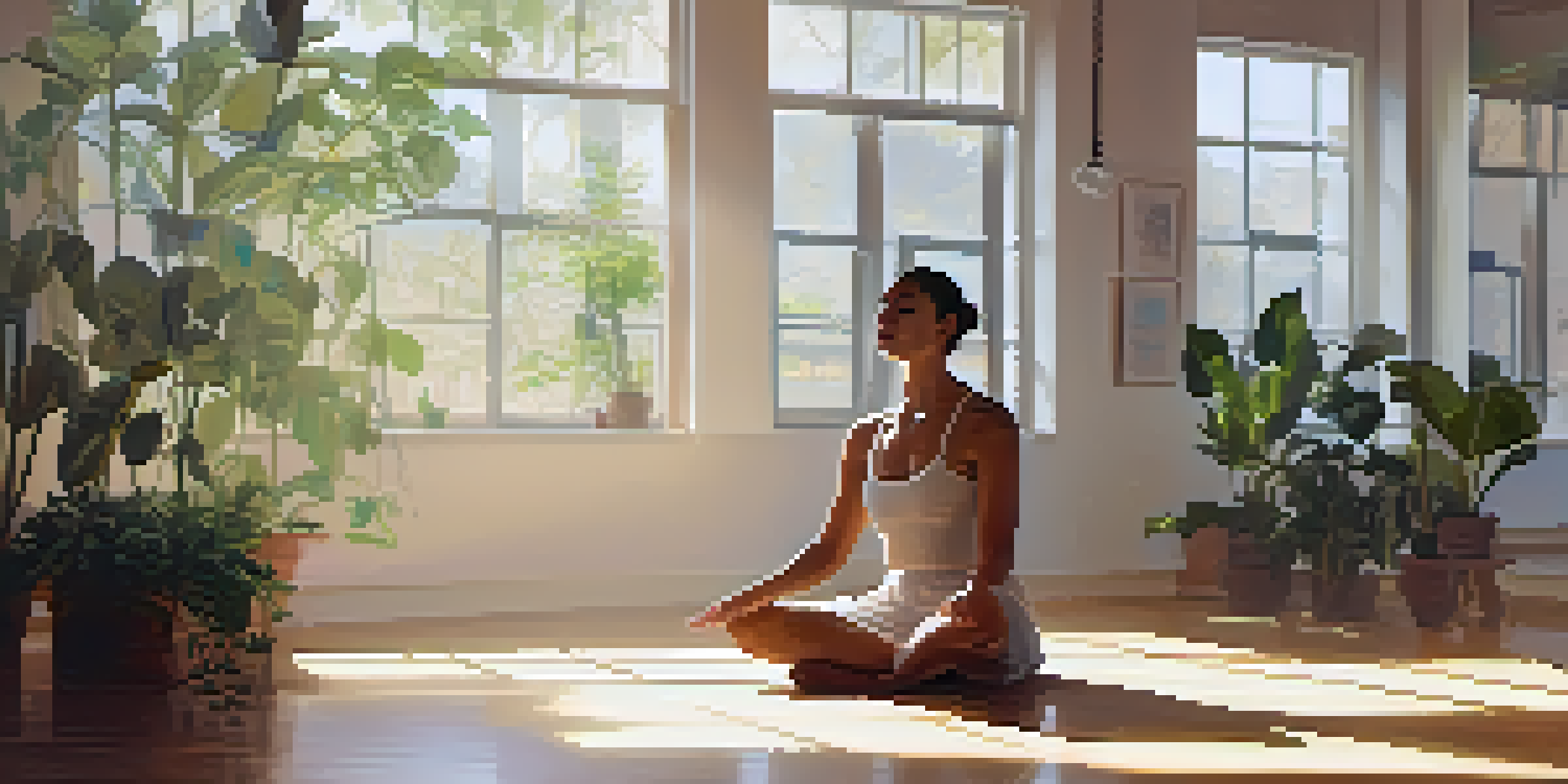 A dancer practicing mindfulness in a sunlit dance studio, sitting cross-legged with eyes closed, surrounded by plants and mirrors.