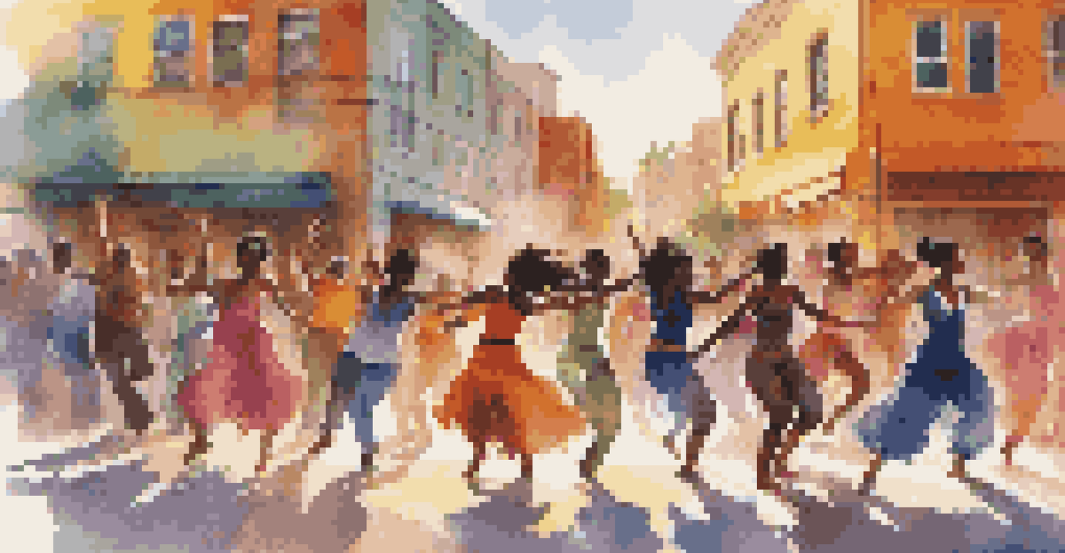 A diverse group of dancers performing in an urban area with colorful street art in the background, showcasing various dance styles and wearing vibrant costumes.