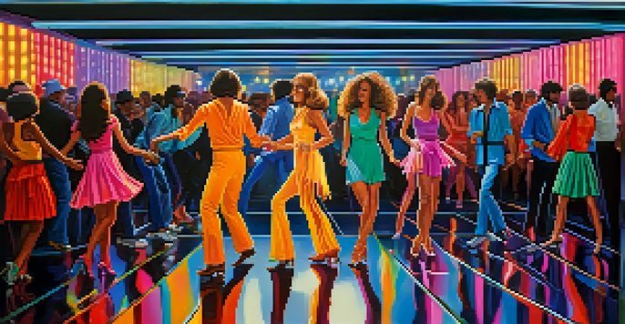 A lively disco dance floor filled with diverse dancers in colorful outfits, illuminated by vibrant lights and a festive atmosphere.