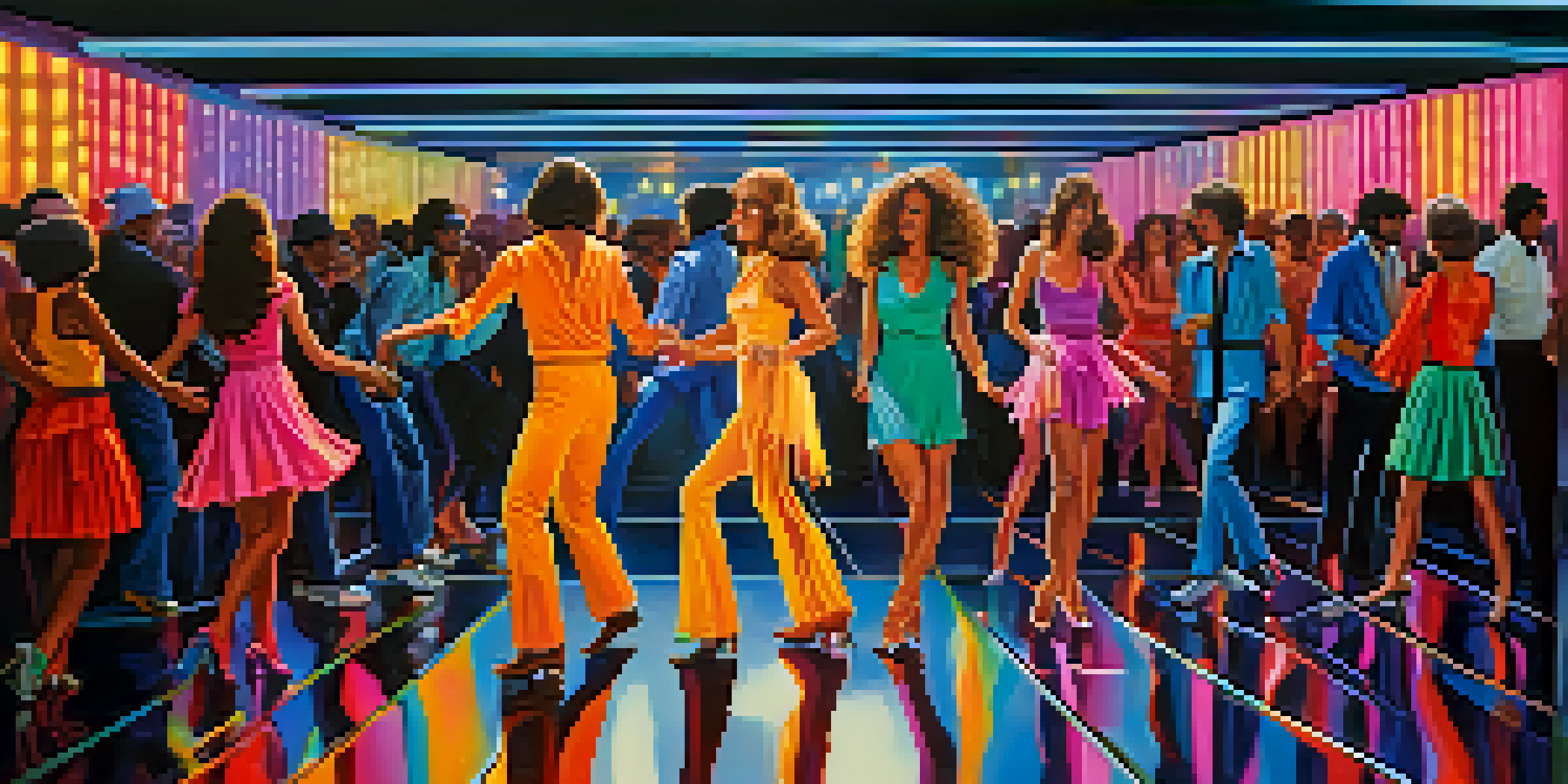A lively disco dance floor filled with diverse dancers in colorful outfits, illuminated by vibrant lights and a festive atmosphere.