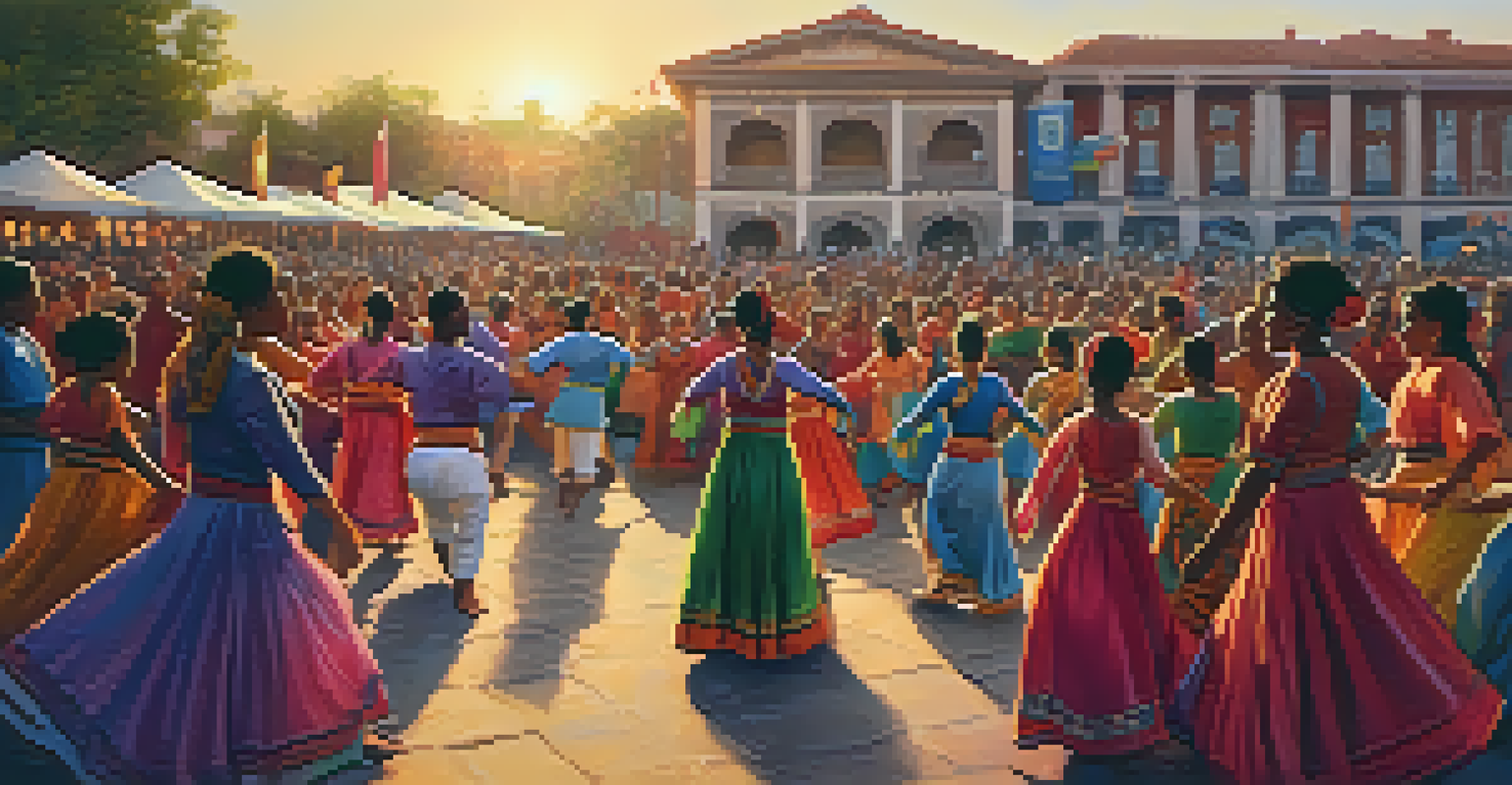 A diverse group of dancers performing a traditional dance in a public square at sunset.