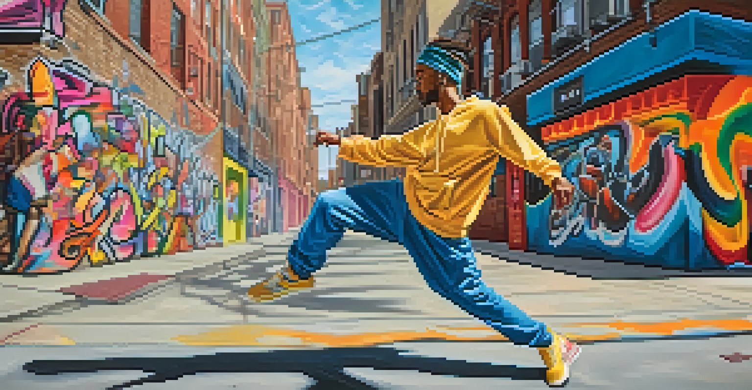 A dancer striking a dynamic pose in a modern urban setting, blending hip-hop and traditional elements, with colorful graffiti in the background.