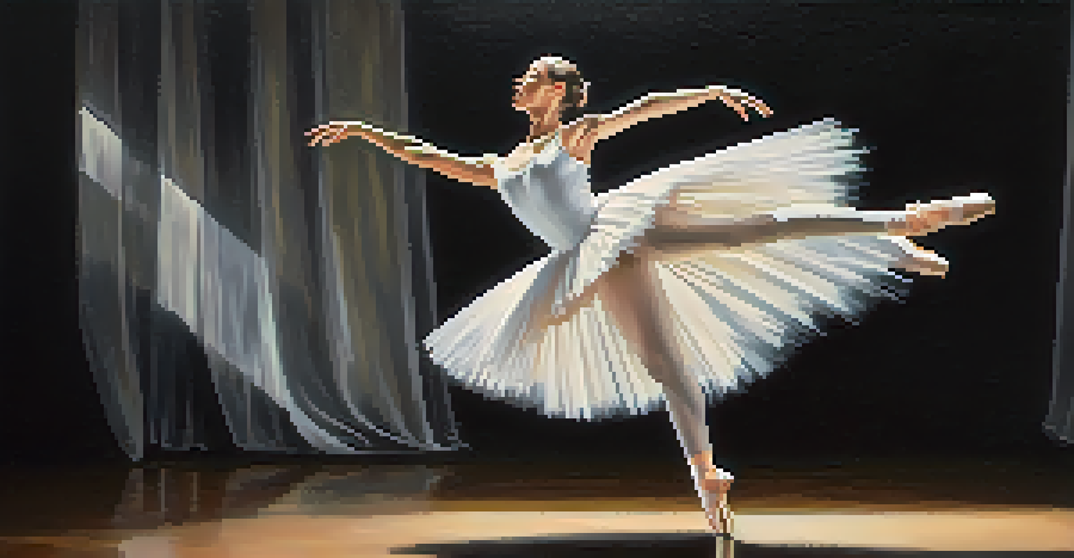 A female ballerina in a strong pose on stage, wearing a white tutu, with a dark background and a spotlight emphasizing her movement.