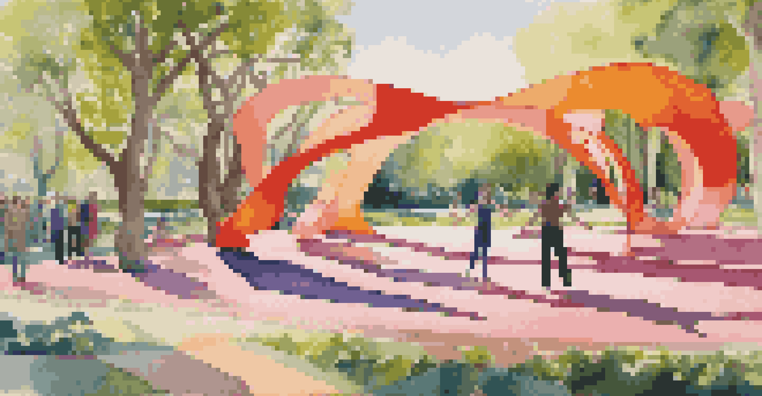 An outdoor art installation with colorful cut-outs inspired by dance, surrounded by greenery in a sunny park.
