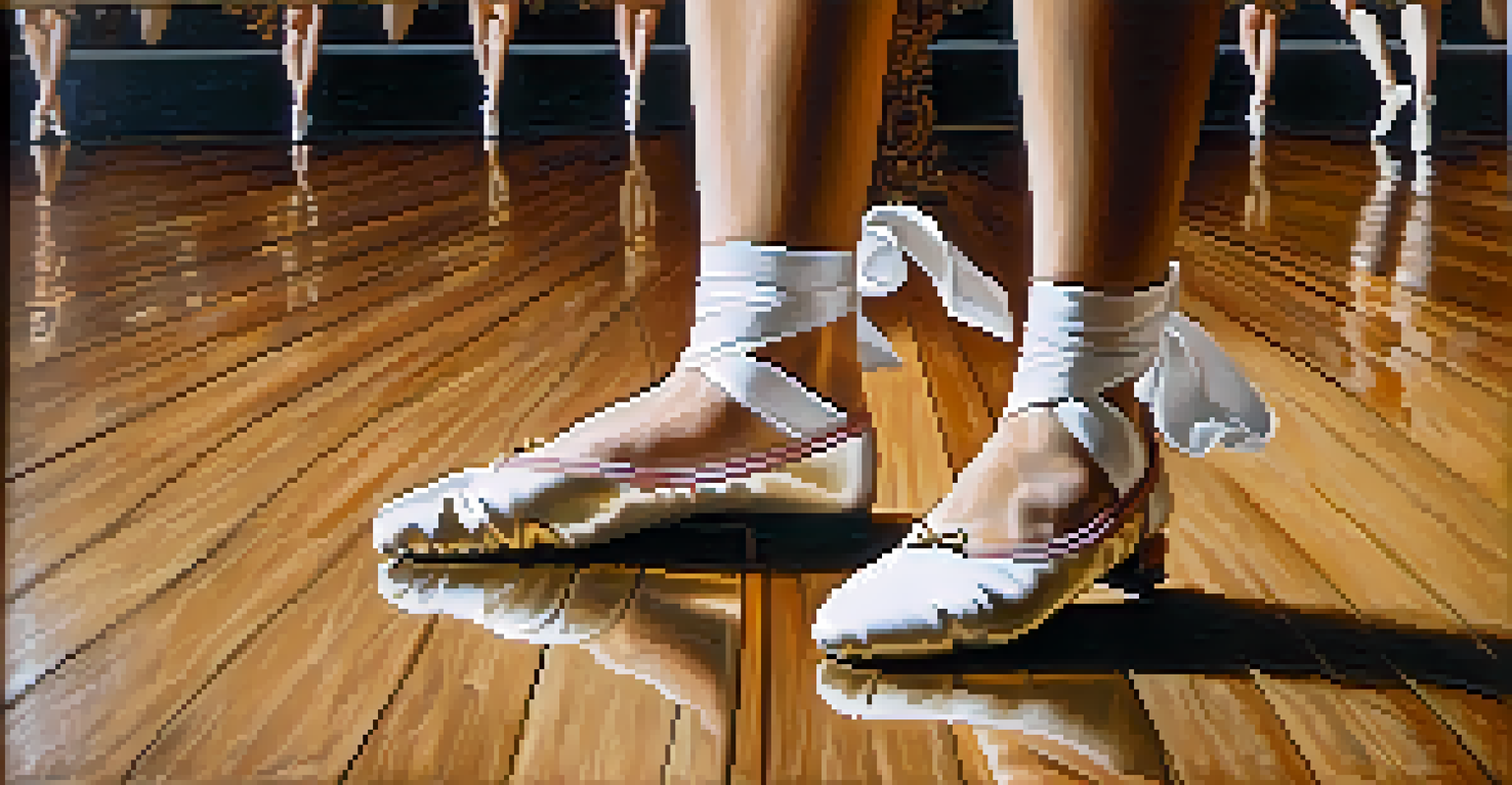 Close-up of a dancer's feet in ballet shoes poised on a wooden stage with blurred silhouettes of other dancers in the background.
