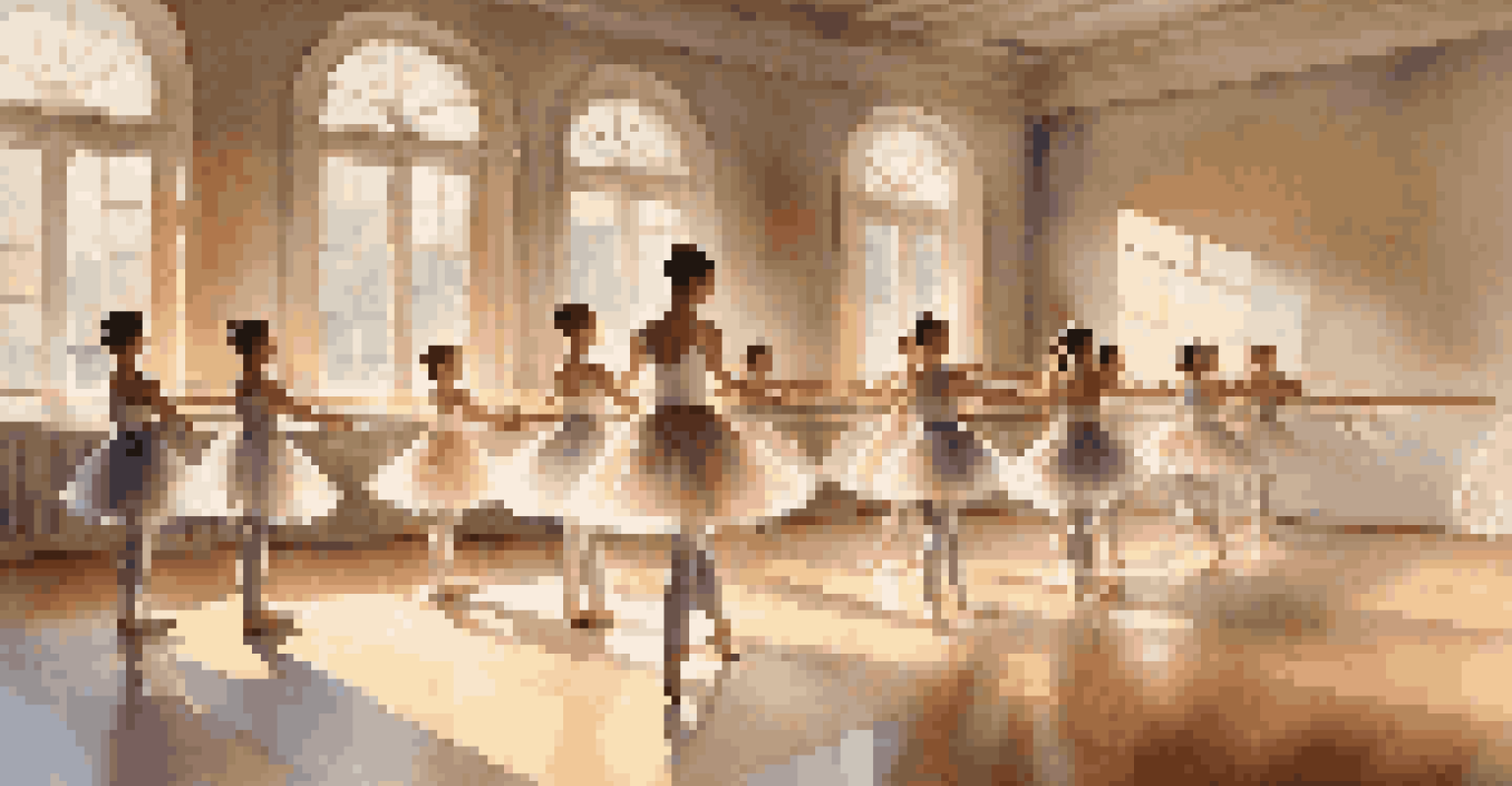 A peaceful ballet class with young dancers practicing in a sunlit studio, showcasing their elegant poses.