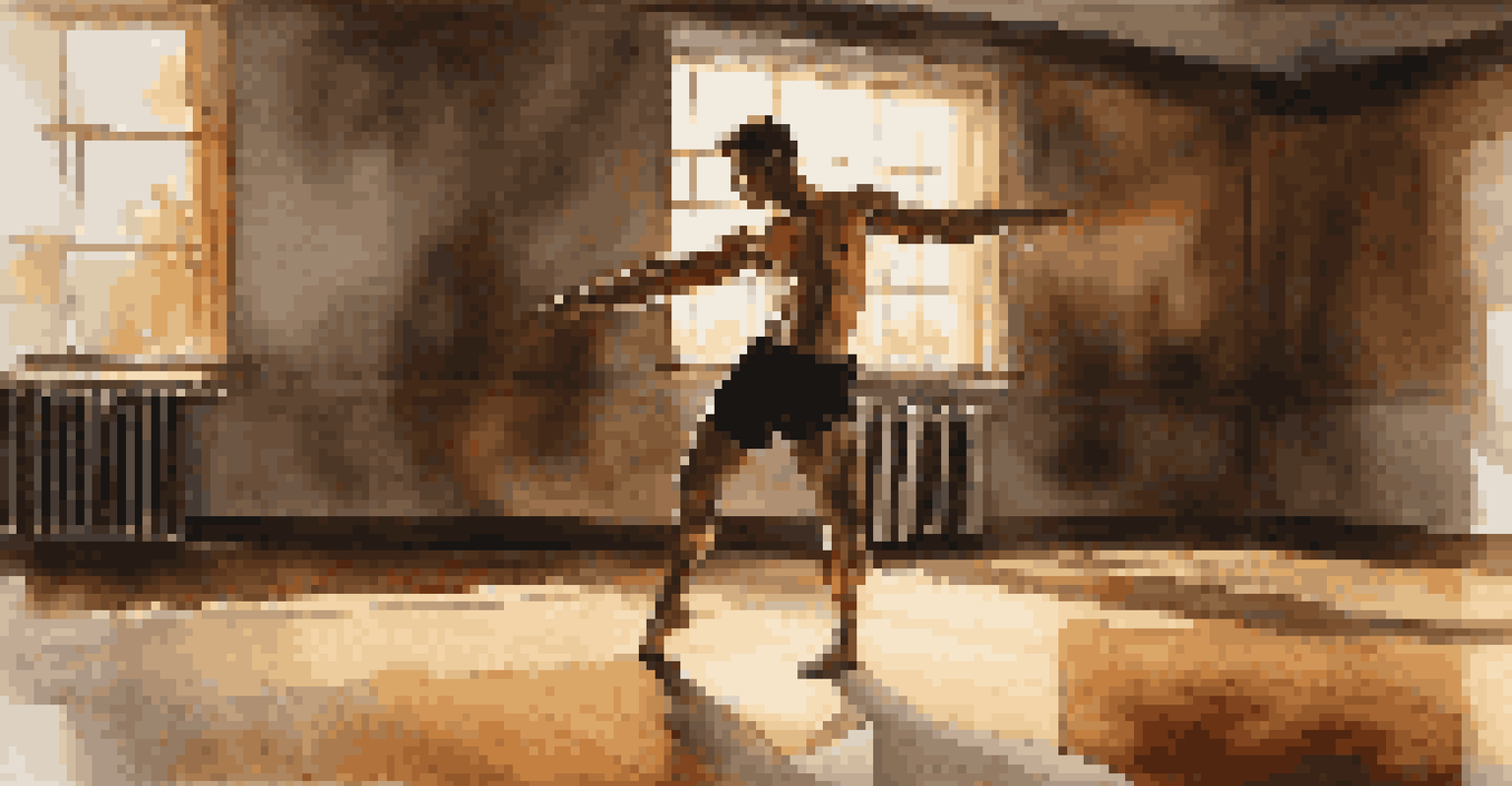 A male dancer practicing in a studio, focused and strong, with dramatic lighting and reflections in mirrors.