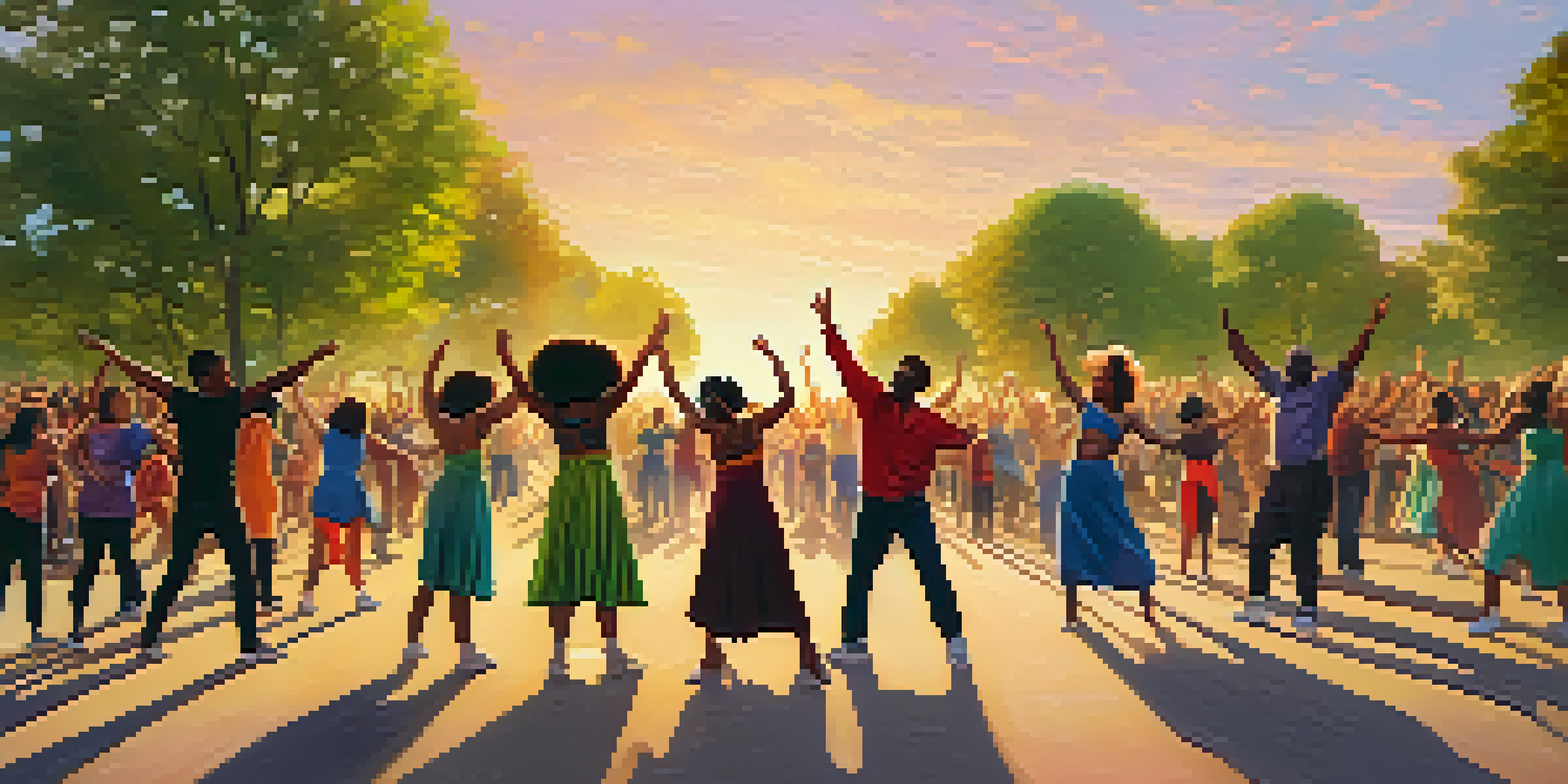 A diverse group of people dancing together in a park during sunset, holding banners with messages of unity and justice.