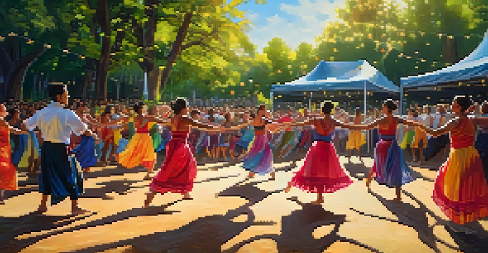 A lively outdoor dance festival with dancers in colorful costumes performing amidst a green landscape and a cheerful audience.