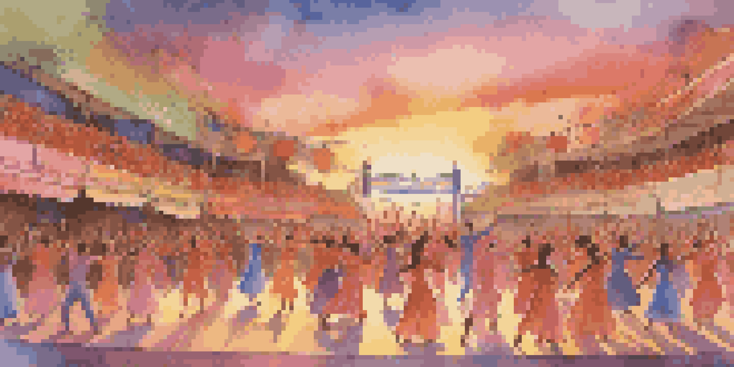 A lively outdoor dance festival with dancers in colorful costumes performing on stage against a sunset sky.