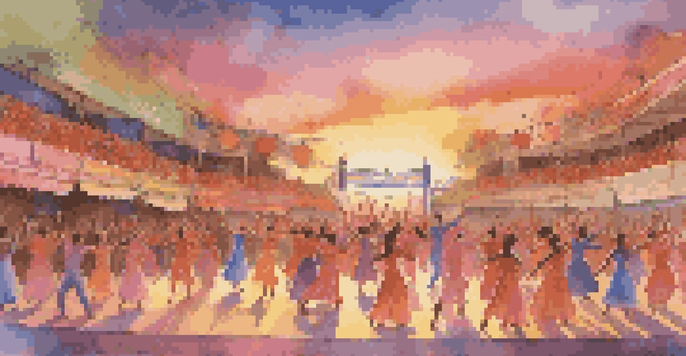 A lively outdoor dance festival with dancers in colorful costumes performing on stage against a sunset sky.