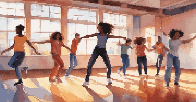 A diverse group of teenagers dancing energetically in a sunlit dance studio, surrounded by colorful posters and mirrors.