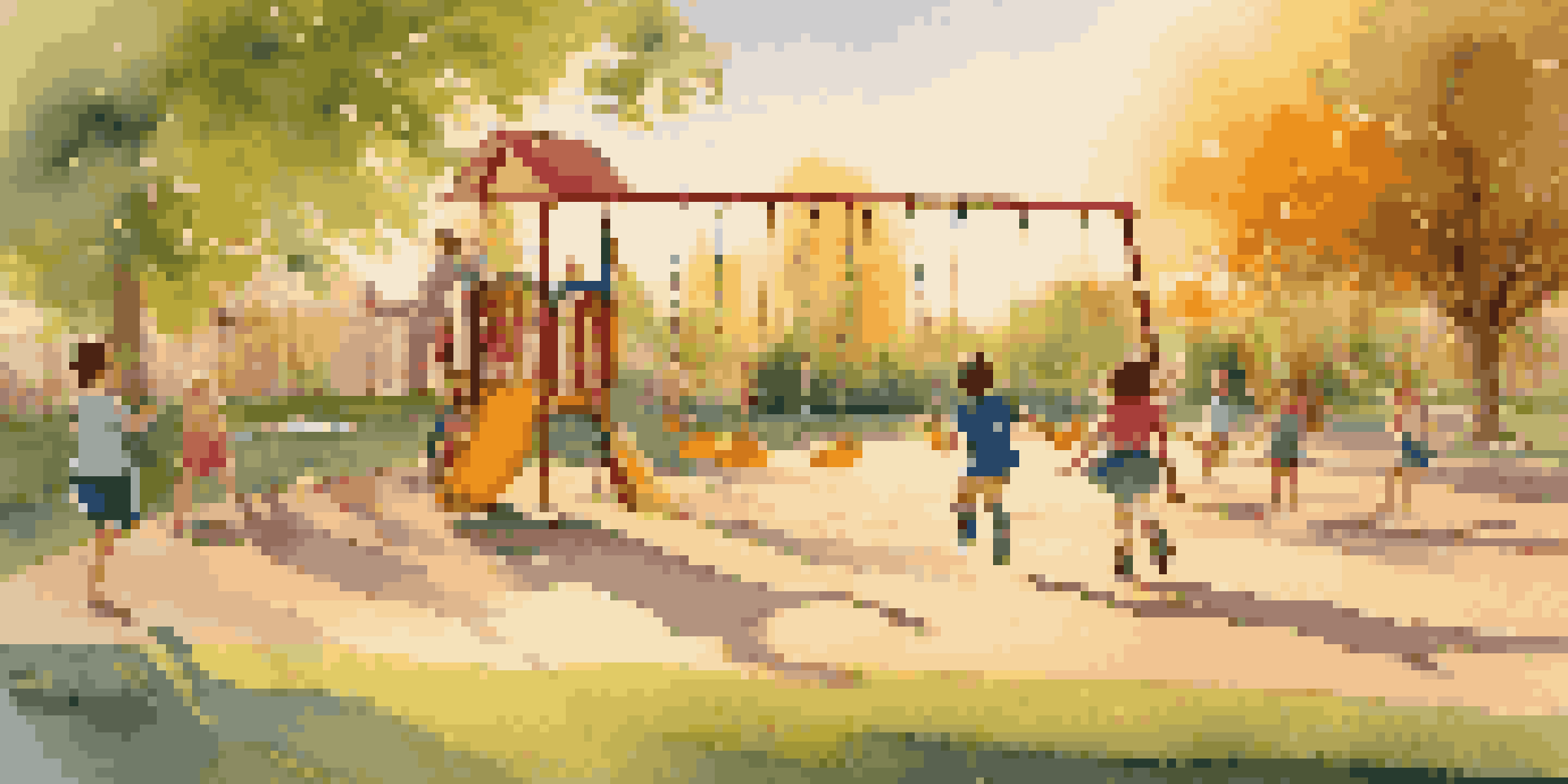 A playground filled with children playing freely under the warm glow of the setting sun, with colorful equipment and green grass.