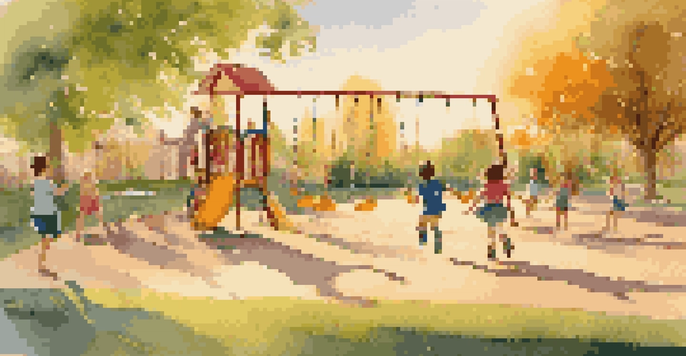 A playground filled with children playing freely under the warm glow of the setting sun, with colorful equipment and green grass.