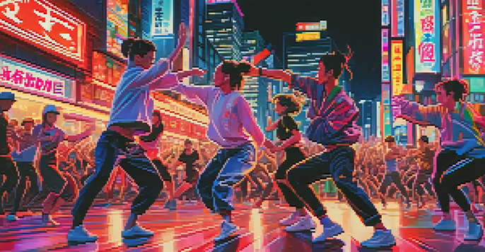 A lively street dance battle in Tokyo with dancers in colorful outfits performing against a backdrop of neon lights and city buildings.