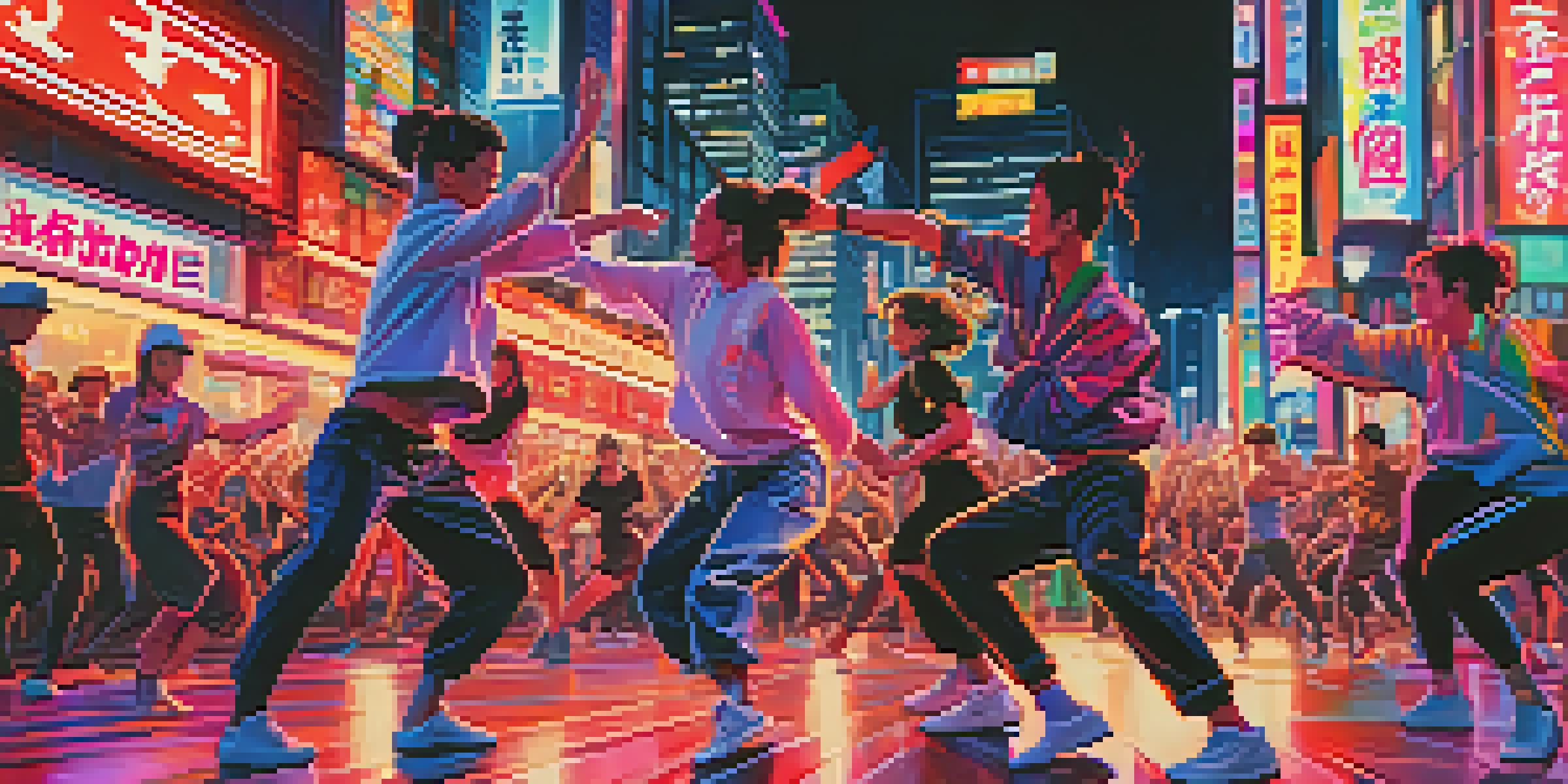 A lively street dance battle in Tokyo with dancers in colorful outfits performing against a backdrop of neon lights and city buildings.