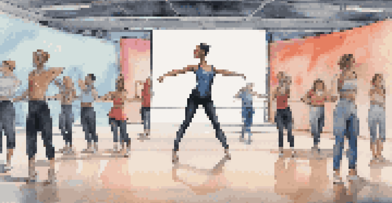 A split-screen image showing a dancer performing in a studio on one side and judges watching from their screens on the other, set against a backdrop of technology like laptops and cameras.
