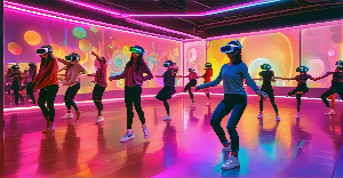 A virtual reality dance studio filled with diverse dancers wearing headsets, moving in a colorful digital environment.