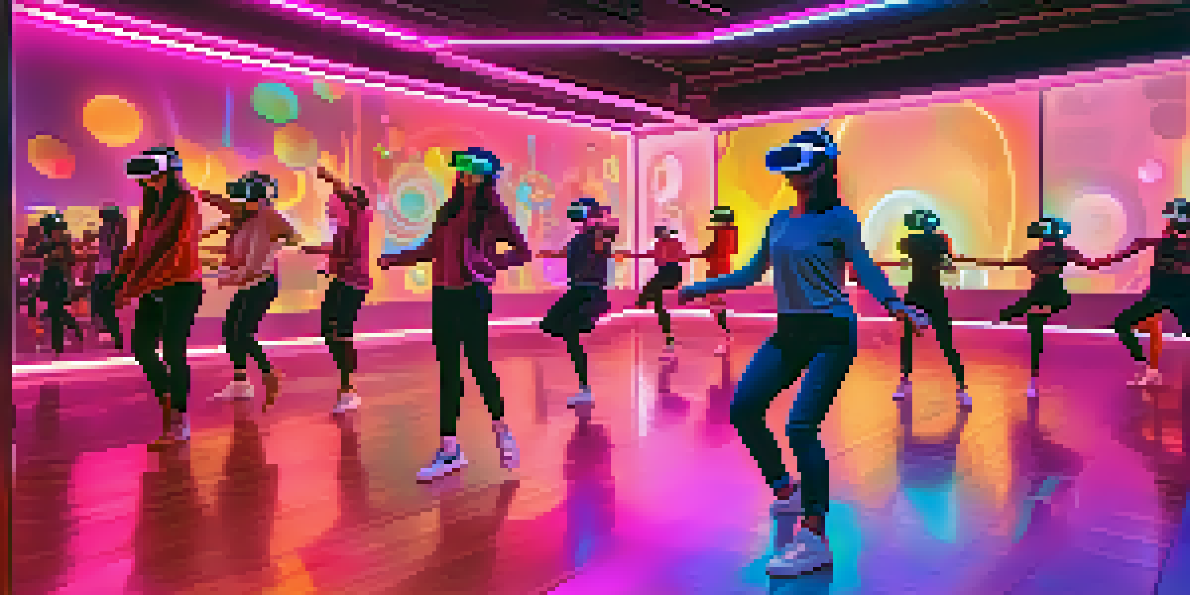 A virtual reality dance studio filled with diverse dancers wearing headsets, moving in a colorful digital environment.