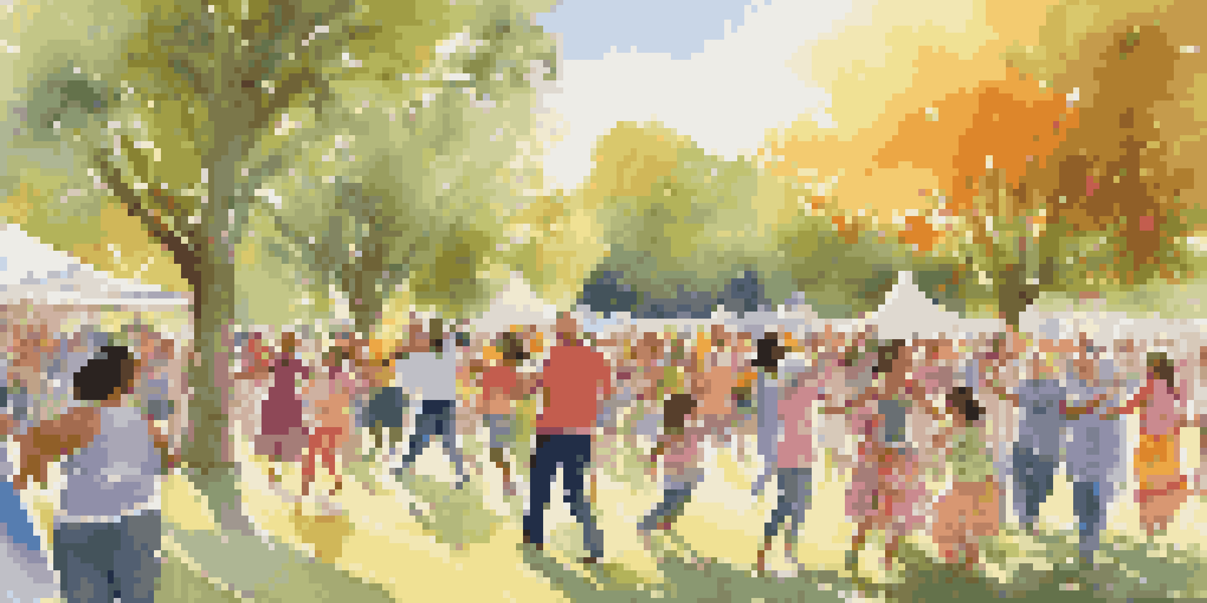 A lively community dance event in a park with people of various ages and backgrounds dancing together, surrounded by colorful decorations and sunlight filtering through trees.