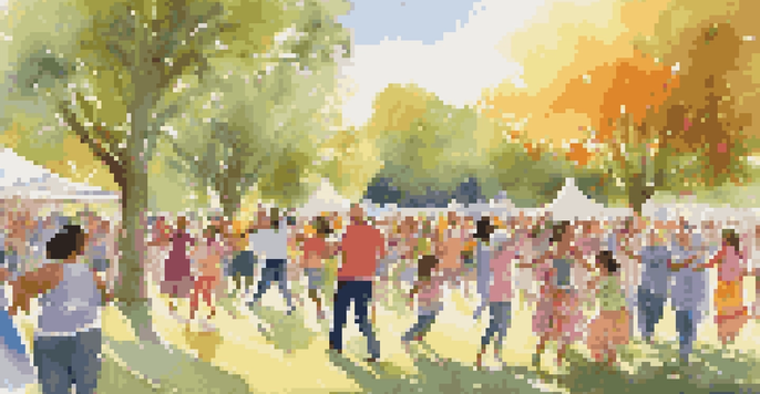 A lively community dance event in a park with people of various ages and backgrounds dancing together, surrounded by colorful decorations and sunlight filtering through trees.