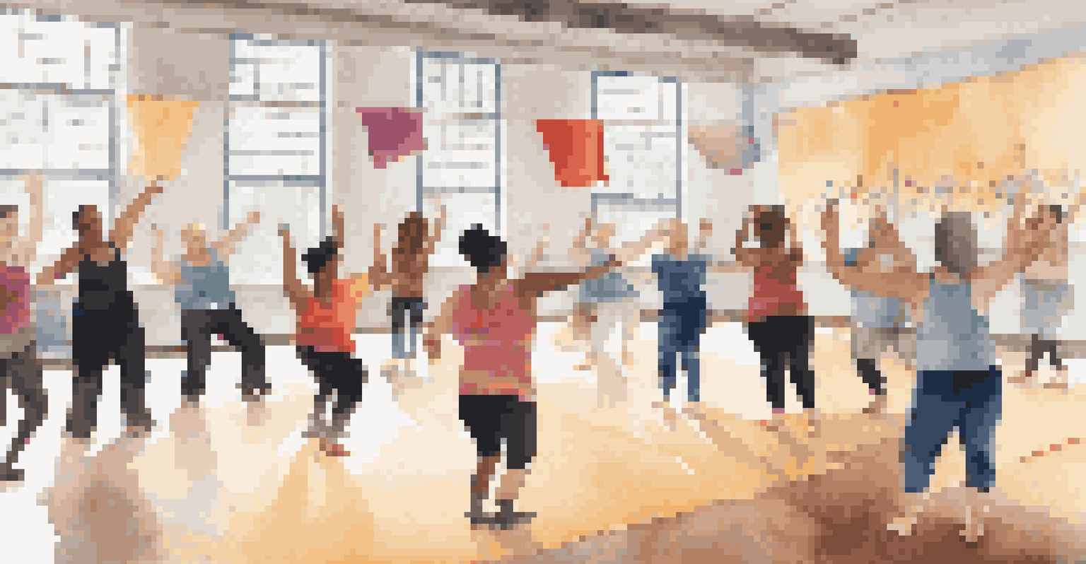 A dance workshop featuring participants of various abilities learning from an instructor in a brightly lit room decorated with colorful banners.