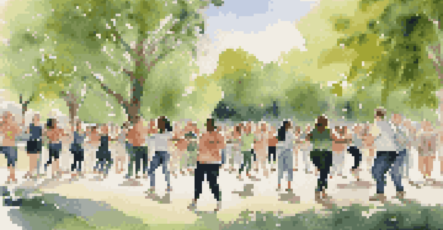A group of dancers in a park discussing body positivity, surrounded by nature, smiling and engaging with each other.