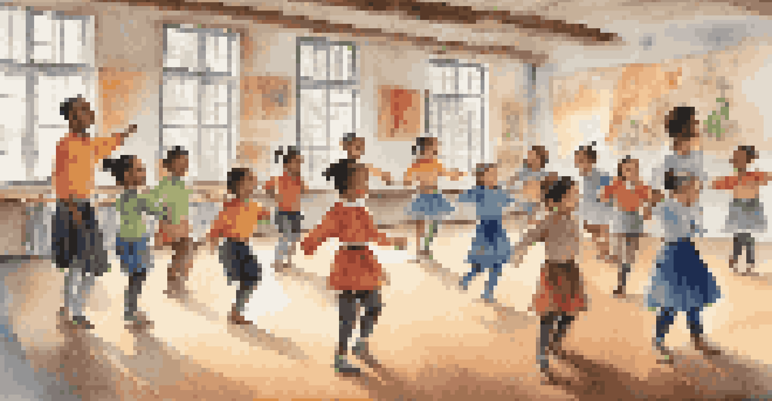 A group of children learning traditional folk dance steps from an instructor in a colorful classroom setting.