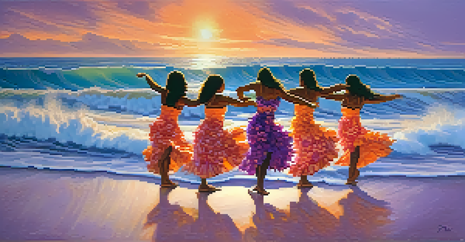 A graceful Hawaiian hula dance at sunset on a beach with vibrant colors in the sky.