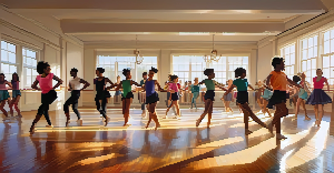 A diverse group of people dancing joyfully in a sunlit studio, showcasing unity and happiness.